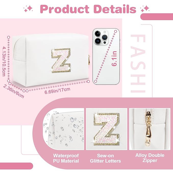 Small Initial Patch Makeup Bag Personalized Gifts Make Up Bag,White Cute PU Leather Glitter Letter Cosmetic Bag with Zipper,Trendy Portable Travel Toiletry Pouch,Preppy Stuff for Teen Girls Women Z