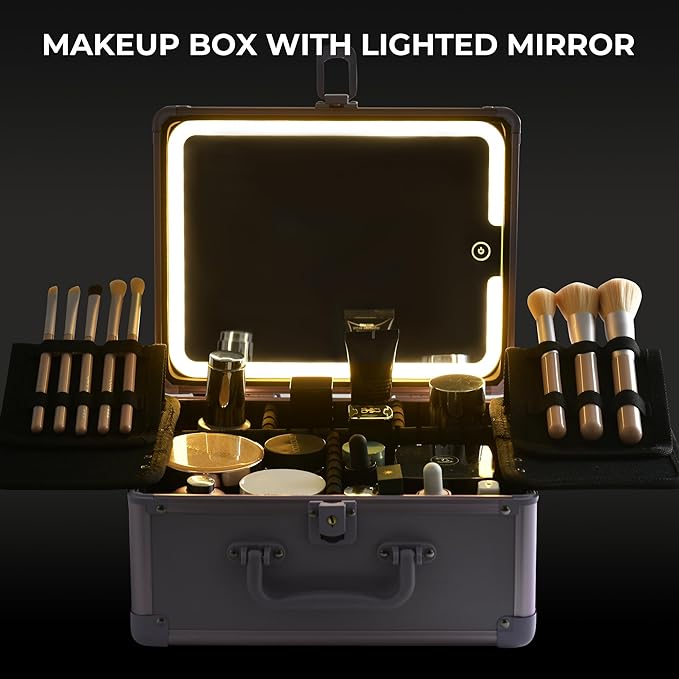 GALHUBIS Makeup Case with Lighted Mirror, Makeup Box Organizer with Detachable LED Mirror, Travel Makeup Train Case, Waterproof Cosmetic Organizer, Standing Brush Holder, Gift, Purple