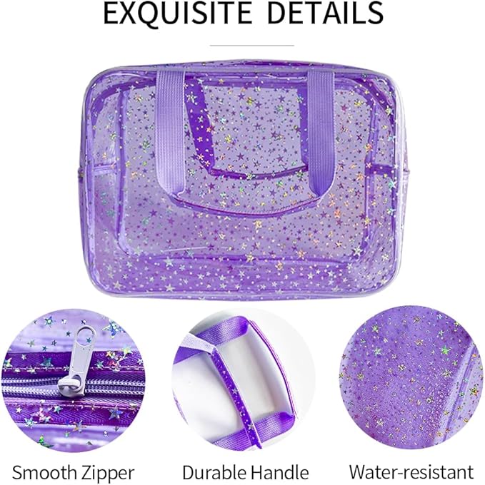 TotePrint 12”X5“X8” Portable 8L Purple Clear Makeup Bag Twinkle Star Toiletry Bag Waterproof Cosmetic Bag With Zipper & Handle for Concert Sports Events Travel Commuting Beach Essential