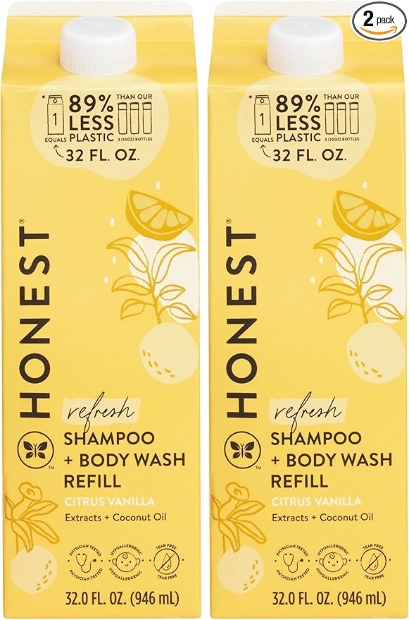 The Honest Company 2-in-1 Cleansing Shampoo Body Wash Refill Carton, Gentle for Baby, Naturally Derived, Tear-free, Hypoallergenic, Citrus Vanilla Refresh, 32 fl oz, (Pack of 2)