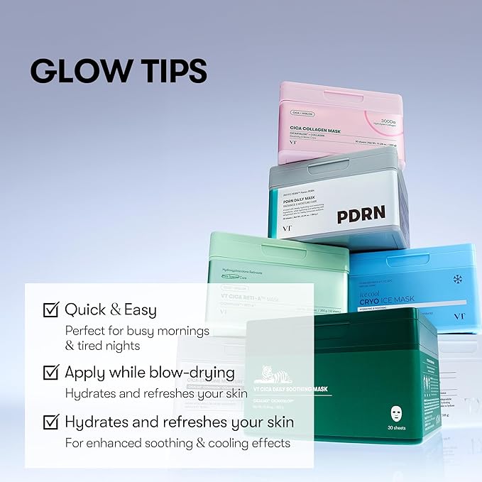 VT COSMETICS CICA Collagen Daily Mask, 30 Sheet Masks with 300Da Low Molecular Collagen, CICA, Hyaluronic Acid & Niacinamide, Hydrating Firming Face Mask for Plump Skin, Korean Skincare