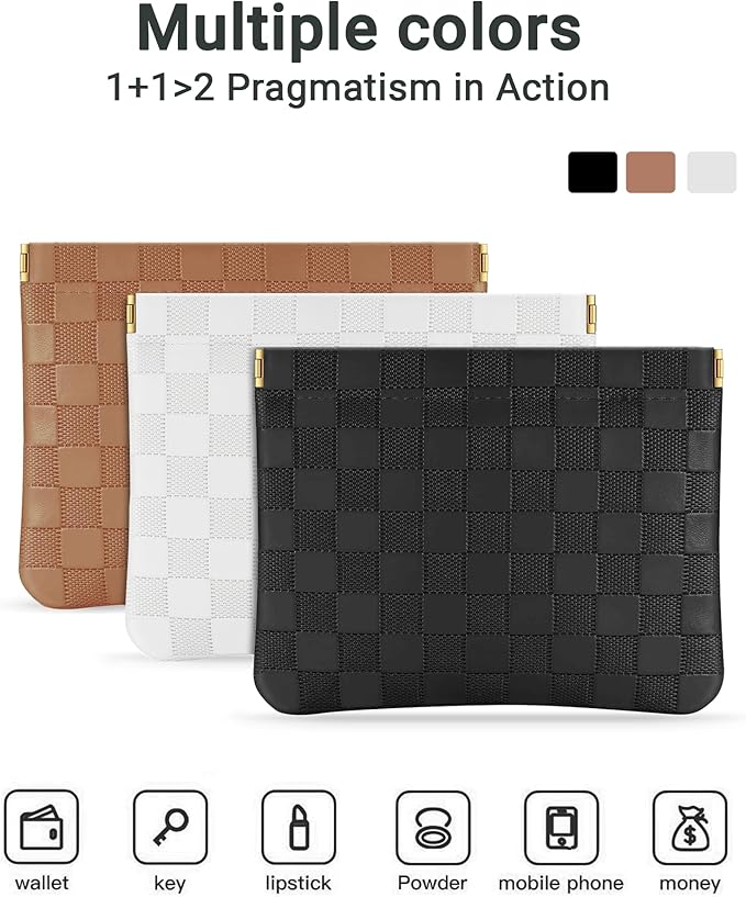 MXXUUOOM 2 Pack Small Makeup Bag for Purse Leather Cosmetic Pouch Organizer, Snap Closure Checkered Makeup Bag, Mini Lipstick Coin Pouch, Travel Makeup Organizer for Women(black)