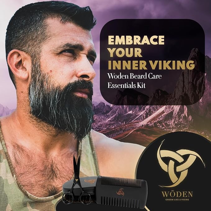 Woden Beard Maintenance Kit - Premium Luxury Black Beard Brush and Comb Gift Set | Mustache and Beard Scissors, Boar Bristle Beard Brush, Fine-Tooth Pearwood Beard Comb, Travel Bag and Gift Box