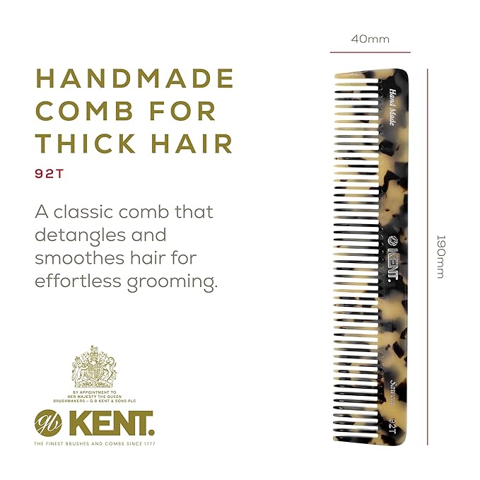 Kent 92T TW Wide Tooth - Detangler Comb for All Hair Types, for Men and Women, To Use in Wet or dry Hair, Styling and Detangling Comb, Handmade Sawcut and Polished
