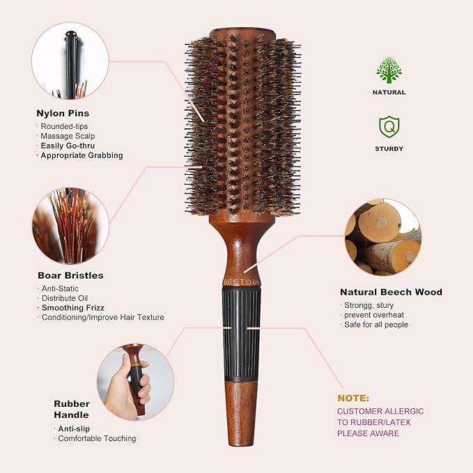 BESTOOL Round Hair Brush for Women or Men, Boar Bristle Large Round Hairbrush for Quick Blowout, Add Shine/Volume, Minimize Damage (2.8 Inch)