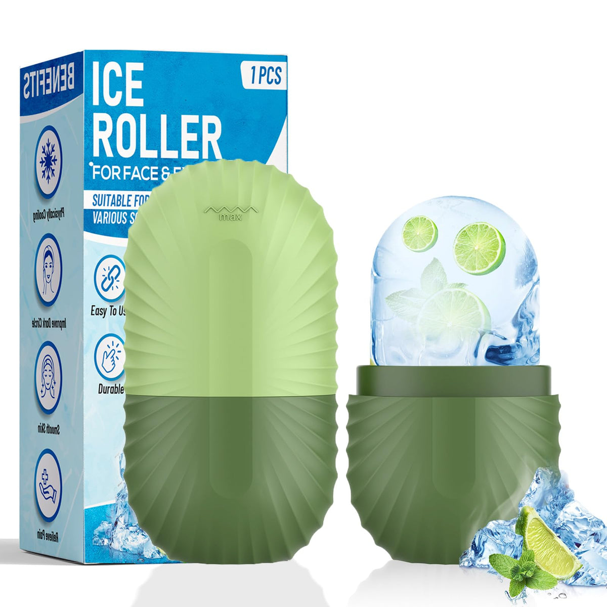 Ice Roller for Face and Eye, Silicone Ice Facial Roller Ice Holder, Face Ice Mold Skin Care, Face Icers Reusable Ice Cube Roller for Shrink Pores Anti Wrinkle Reduce Puffiness, Green