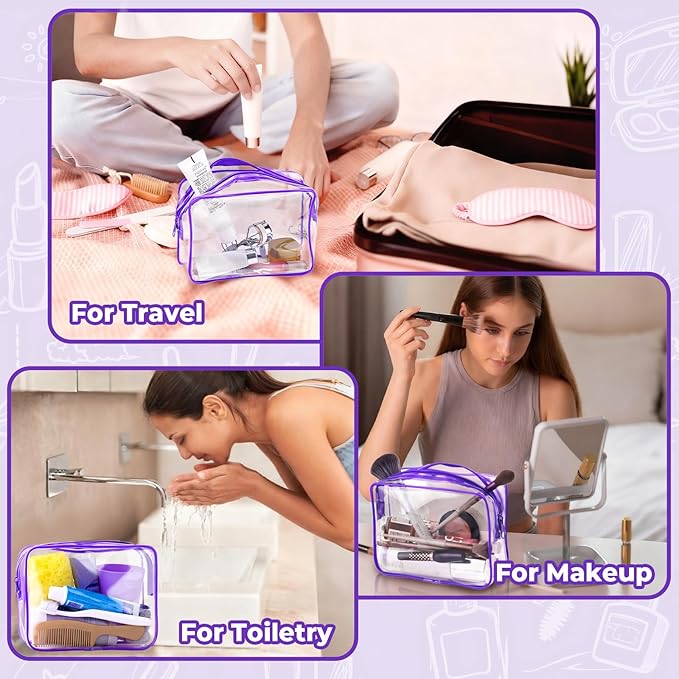 CHICAUP 6 Pieces Clear Makeup Bags Bulk TSA Approved Toiletry Bag for Travel PVC Waterproof Clear Cosmetic Pouch with Zipper for Men and Women Carry-on Travel Essentials (Purple)