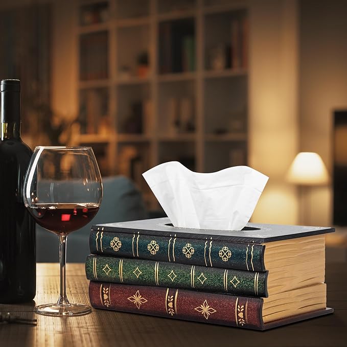 Crafted Classical Retro Wooden Antique Book Tissue Box Cover Rectangular Tissue Holder Dispenser Paper Cover Case Napkin Holder Home Decor for Bathroom Living Room Office car Kitchen (Dark Green)