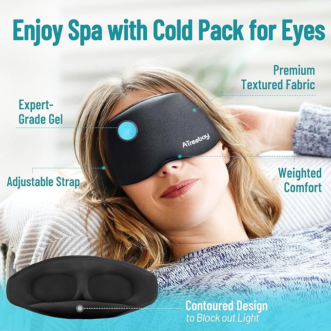 ATreebay 3D Gel Cooling Eye Mask, Weighted Eye mask for Sleeping, 3D Contoured Cup No Pressure Night Blindfold Sleep Mask, Ice Cold Pack Eyes Cold Compress for Puffy Eyes, Dark Circle, Black