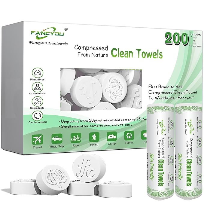 Fancyou Compressed Towel Tablets 200 Count, Thicken Disposable Face Towel with 2 Carry Cases, Biodegradable & Compact, Cotton Clean Face Towels for Outdoor Camping Hiking Travel Gym BBQ Home