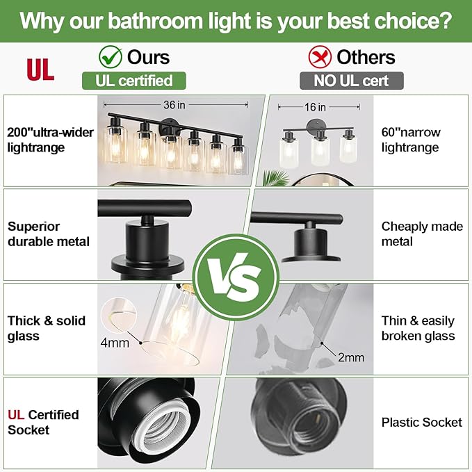 Zarbitta 6-Light Bathroom Light Fixtures, Black Modern Vanity Lights with Clear Glass Shade, Bathroom Wall Lamp for Mirror Kitchen Living Room Hallway Cabinet