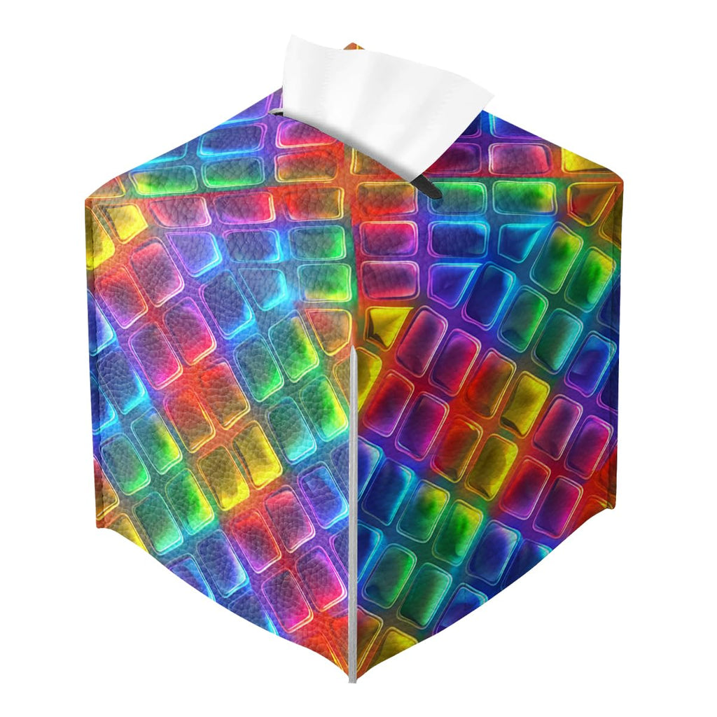 Rainbow Tissue Box Cover Neon Colorful Tiles Purple Blue Pink Square PU Leather Waterproof Tissue Box Holder for Bathroom Kitchen Bedroom Vanity Countertop Night Stands