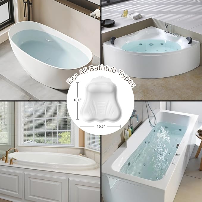 Bath Pillow for Tub, Adjustable Silicone Bathtub Pillows for Head and Neck, 0"–2.3" Neck Support, 34 Suction Cups, Easy to Clean, No Machine Wash Needed (White)