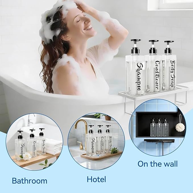AUMIO 16.9oz Clear Shampoo and Conditioner Dispenser Set of 3, Refillable Empty Shampoo Bottles with Pump for Shower, Printed Plastic Soap Dispenser for Bathroom, Rectangular Body Wash Container Sets