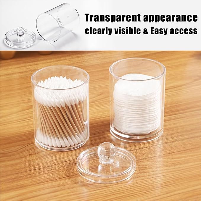 DIYOHFE 3PCS Acrylic Qtip Dispensers Holders With Clear lid, Clear Bathroom Round Countertop Storage Organizer Canister for Cotton Balls,Swabs,Pads,Bath Salts , Makeup Sponges,Tooth Floss