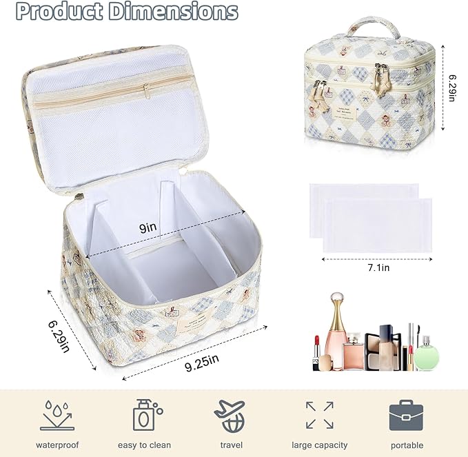 Gosect Makeup Bag, Portable Travel Make up Bag, Large Capacity Quilted Cosmetic Organizer Bag, Cute Floral Toiletry Bag for Women Girls (Bear Pattern)