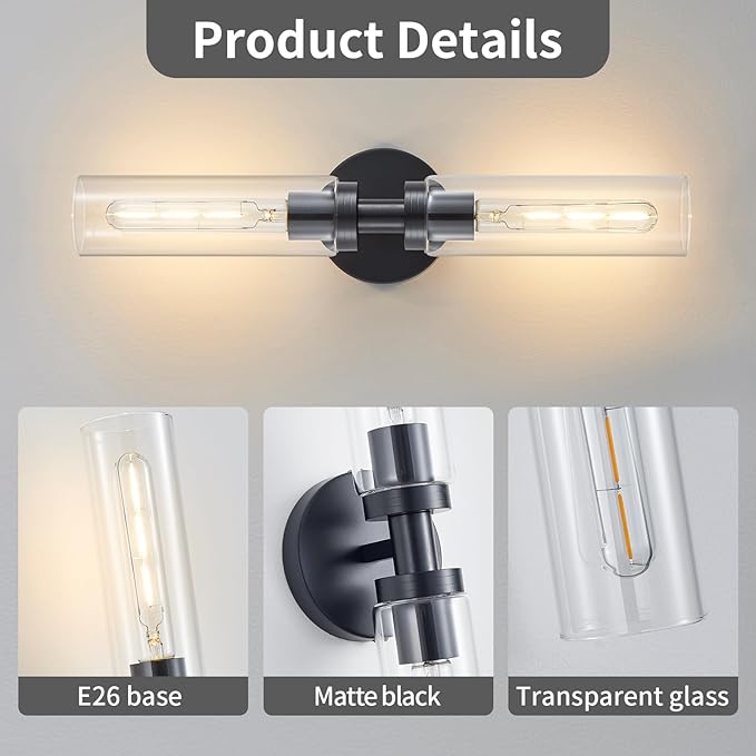 2-Light Black Bathroom Light Fixtures Over Mirror Modern Farmhouse Vanity Light Wall Lighting with Clear Glass Shade for Bathroom, Bedroom, Hallway, Cabinet