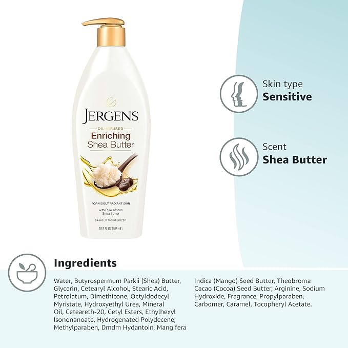 Jergens Shea Butter Hand and Body Lotion, Deep Conditioning Moisturizer, 3X More Radiant Skin, with Pure Shea Butter, Dermatologist Tested, 16.8 Oz (Pack of 2)