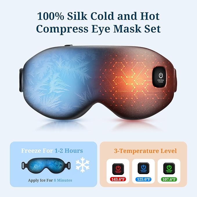 100% Silk Wireless Heated Eye Mask with Cooling, Relieves Dry Eye Syndrome and Puffy, Reduces Dark Circles, Adjustable Velcro Design and Washable Cover, Suitable for Travel & Gifts-Black.