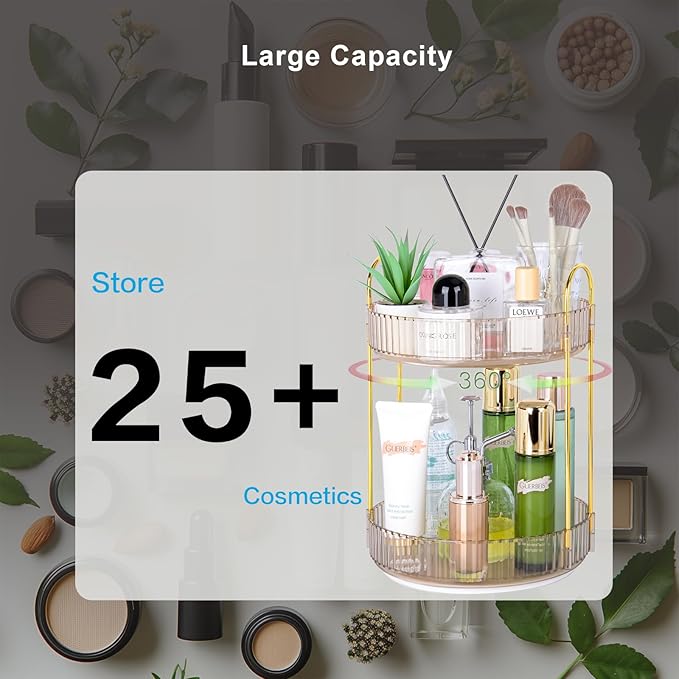 Niluks 360 Rotating Makeup Organizer - Large Capacity Spinning Perfume & Cosmetic Skincare Holder for Vanity & Countertop (Vibrant Orange, 2 Tier)