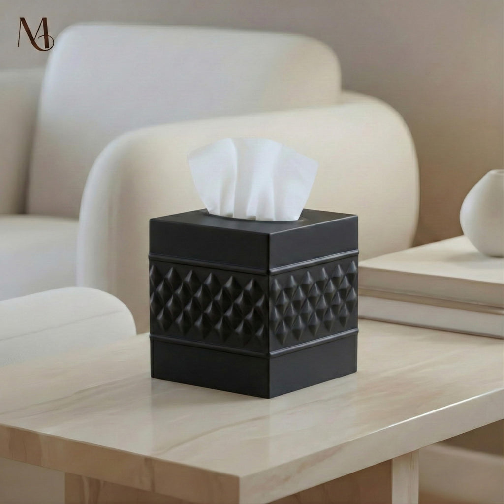 Monarch Abode Tissue Box Cover Square – Handcrafted Geo Embossed Black Metal Tissue Holder Box for Bathroom Accessory, Aesthetic Decorative Facial Napkin Cube for Modern Home Décor