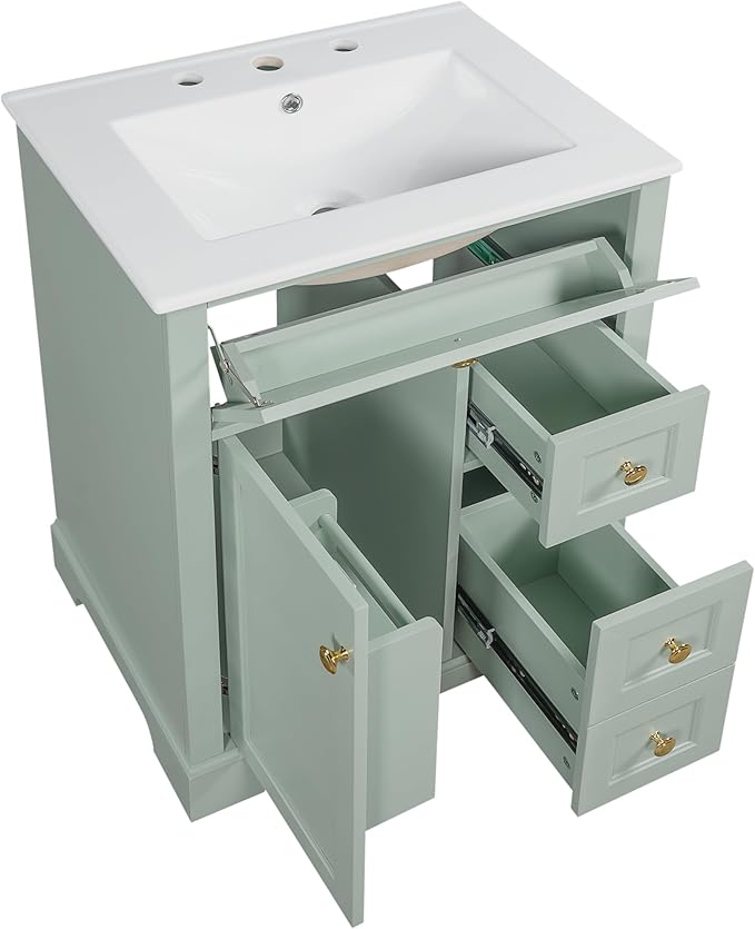 Harper & Bright Designs 24" Bathroom Vanity with Sink, Free Standing Bathroom Vanity Set with Flip Drawer, 2 Drawers, and Storage Rack, Wood Storage Cabinet with Ceramic Basin for Bathroom, Green