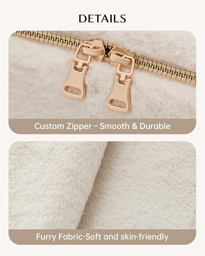 EACHY Travel Makeup Bag,Cute Faux Fur Cosmetic Bag for Women,Portable 180°Wide-Open Flat Make Up Bag,Large Capacity Makeup Pouch Make Up Organizer with Divider and Handle