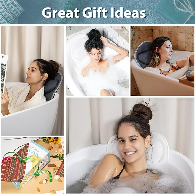 JUSDOO Bath Pillows for Tub Neck and Back Support - Upgraded Non-Slip Rubber Backing & 6 Suction Cups, 4D Air Mesh Spa Bathtub Cushion for Head Rest, Machine Washable with Laundry Bag & Hook(White)