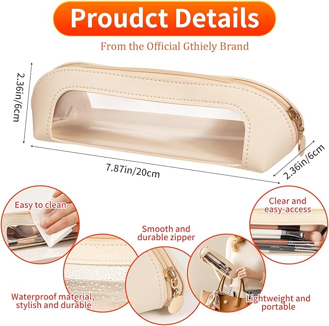 Gthiely Small Double Sided Clear Makeup Bag - Waterproof Portable Makeup Brush Bag PU Leather Travel Makeup Brush Case Cosmetic Organizer Pouch with Zipper for Women Home Travel Office (White)