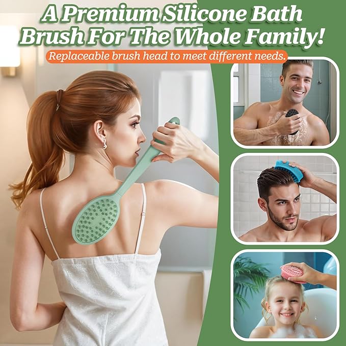 Silicone Face & Back Scrubber Set, Manual Face & Body Scrubber Exfoliator with Soft Bristles and Non-Slip Handle, Back Brush Bath Brush with 2 Detachable Brush Heads(3PCS Green Set)