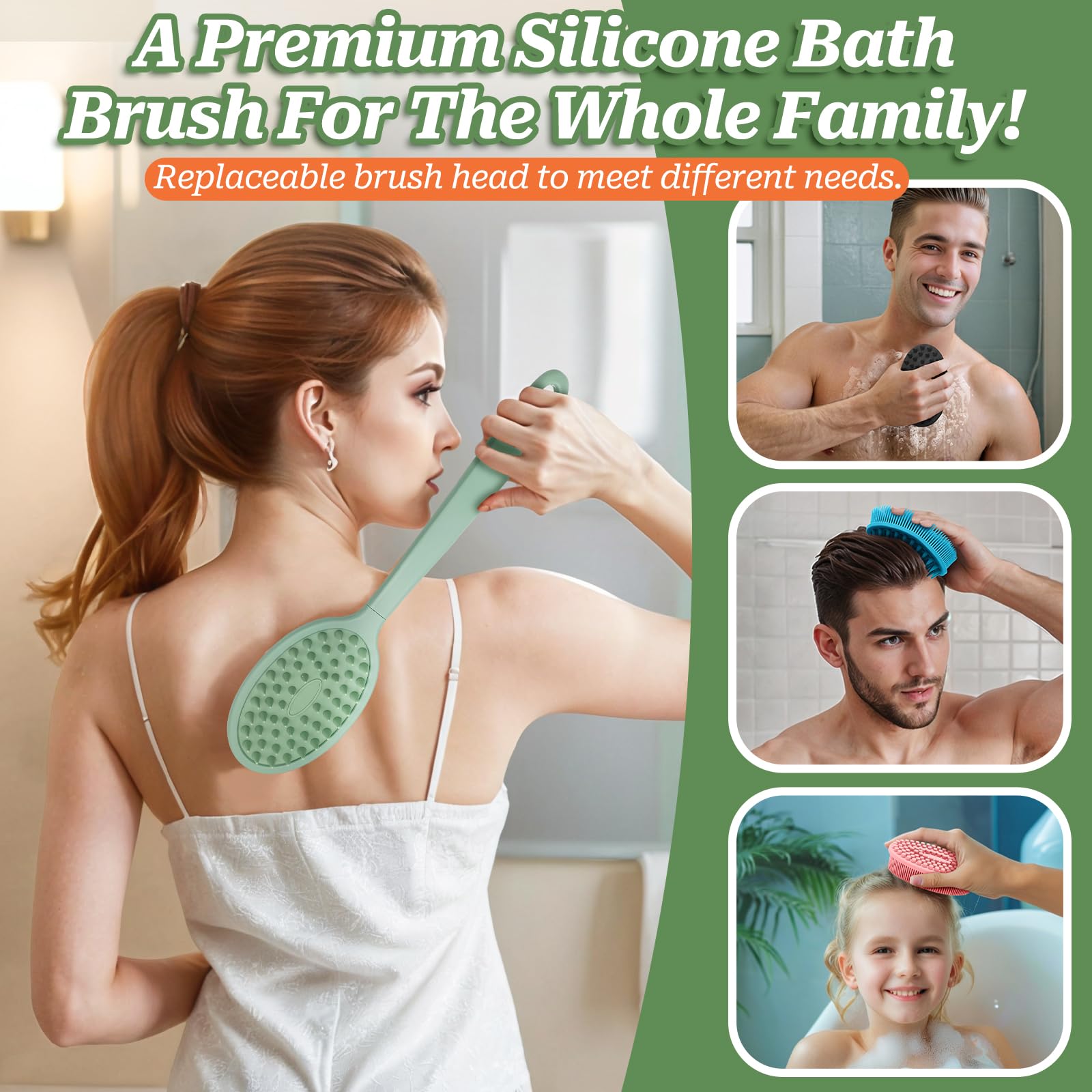 GEENOA Silicone Back Washer for Shower, Gentle Exfoliating Body & Back Scrubber with Handle, Silicone Loofah with Two Dual-Side & Replaceable Brush Heads(Green-Two Heads)