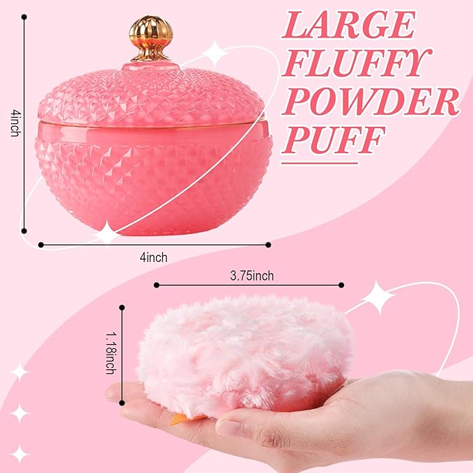 Teenyyou 4 Pcs Pink Large Body Powder Puff and Container for Body with Crystal Container Fluffy Soft Washable Face Glitter Powder Puff Puffs for Wet Dry