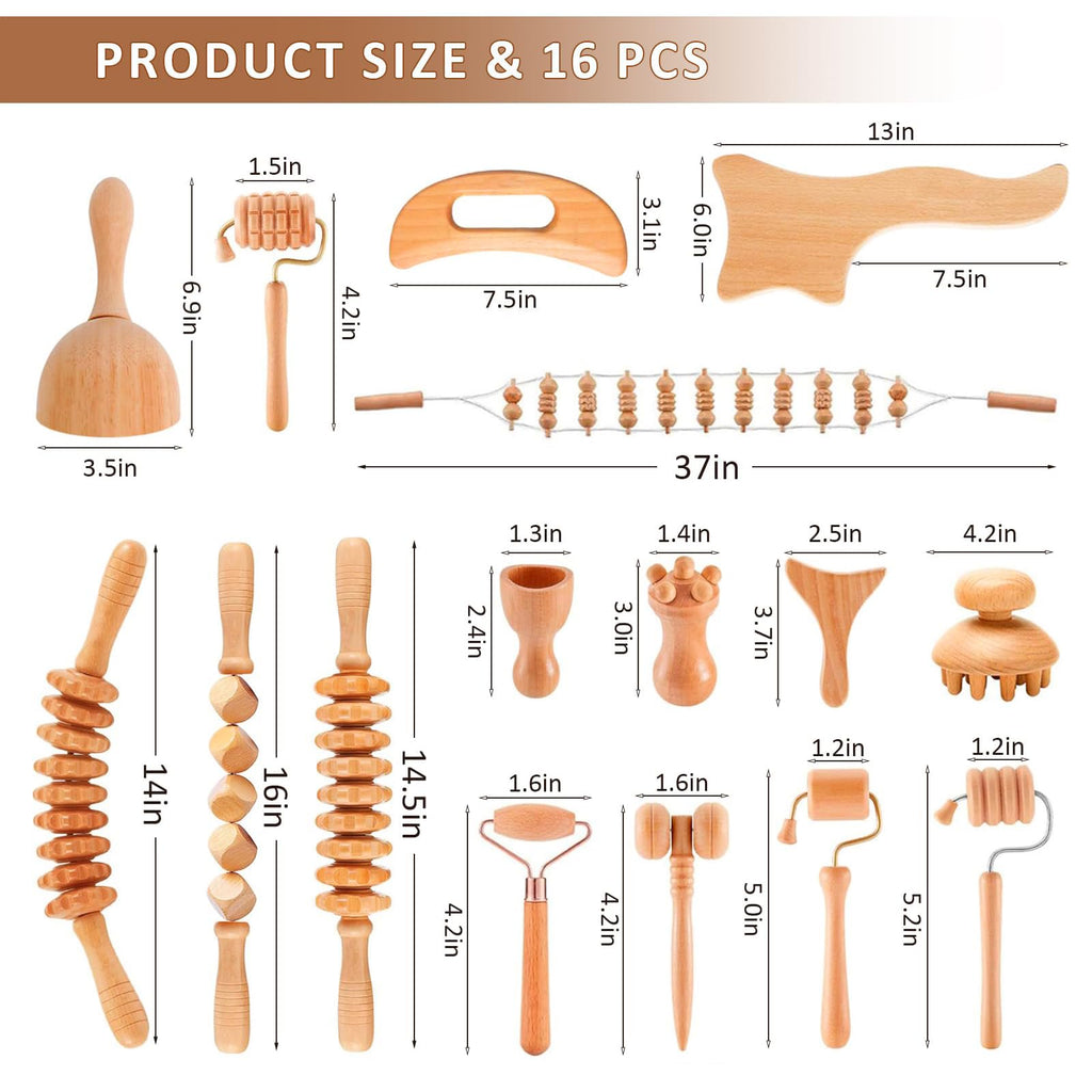 Ollixtec 16-in-1 Wood Therapy Massage Tools Gua Sha, Maderoterapia Kit Muscle Pain Relief, Lymphatic Drainage, Body Sculpting Kit with Facial Wood Roller Fascia Massage