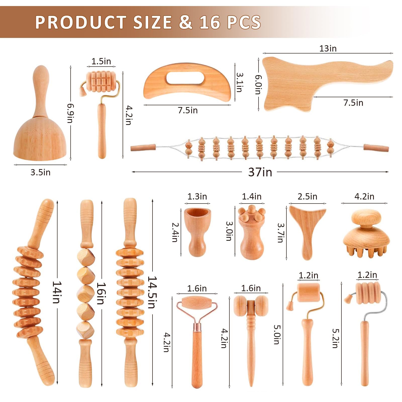 Ollixtec 16-in-1 Wood Therapy Massage Tools Gua Sha, Maderoterapia Kit Muscle Pain Relief, Lymphatic Drainage, Body Sculpting Kit with Facial Wood Roller Fascia Massage