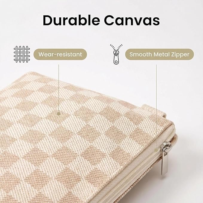 Beayuva 3 Pcs Canvas Makeup Bag Set Checkered Cosmetic Pouch for Women Travel Toiletry Bag Cute Makeup Organizer Purse Pouch Preppy Pencil Case with Zipper (Checkered Khaki)