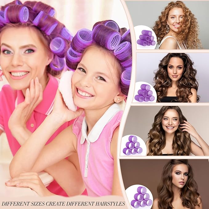 obeoby 4 Sizes Hair Rollers Curlers Set with Clips for Women Girls, Purple