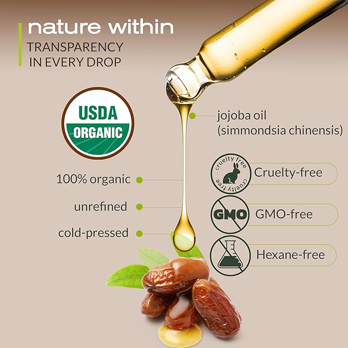 Ella & Eden Organic Jojoba Oil – USDA Certified, Cold-Pressed, 100% Pure & Unrefined, Hexane-Free Oil for Face, Skin, Hair & Nails – 4 Fl Oz Glass Bottle