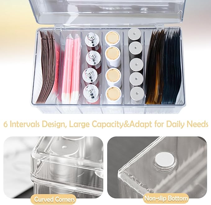Acrylic Lash Extension Organizer with Lid, 6 Compartment Lash Cart Storage for Lash Techs, Clear Secure Lid Eyelash Supplies Organizer for Salon & Home Use