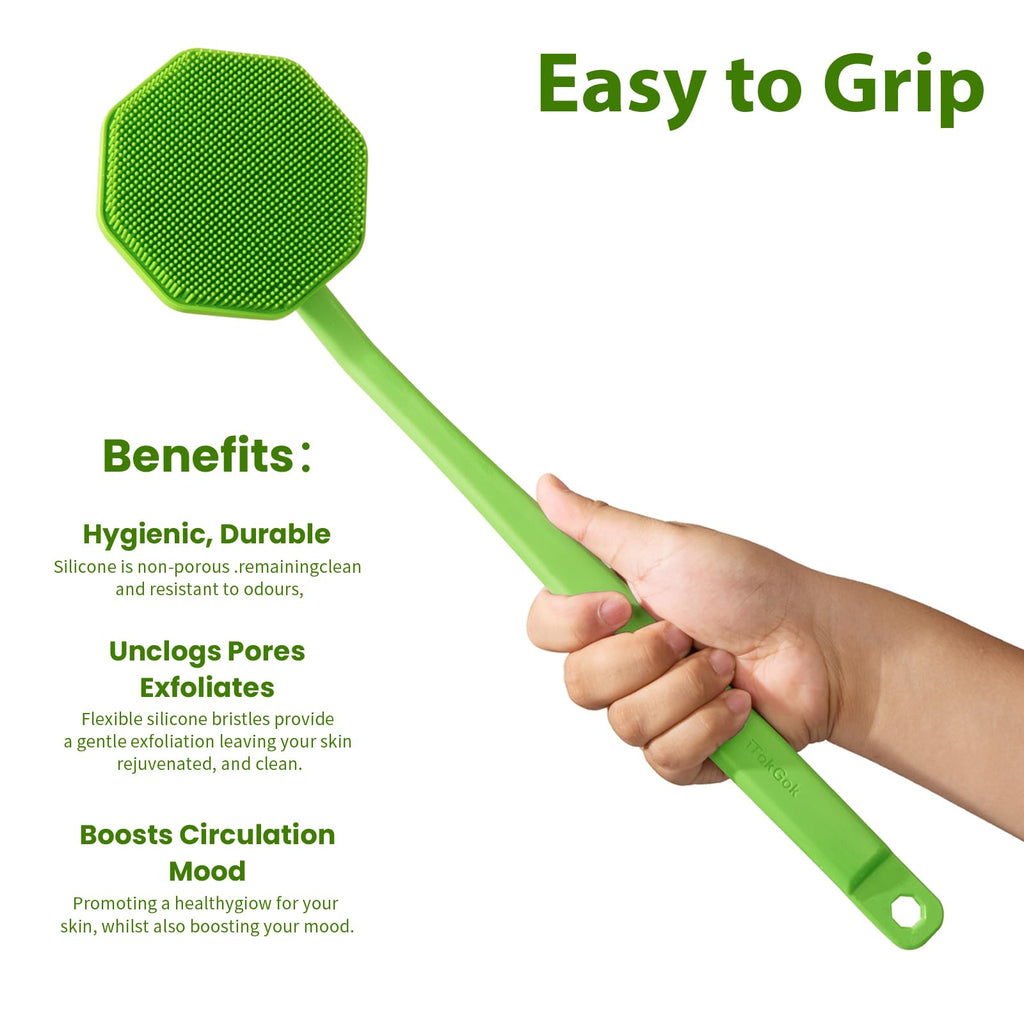 iTokGoK® Silver-Infused Silicone Back Scrubber with Long Handle Back Brush for Shower,Back Brush Long Handle for Men and Women,Ergonomic No-Slip Handle, Long-Lasting (Green)
