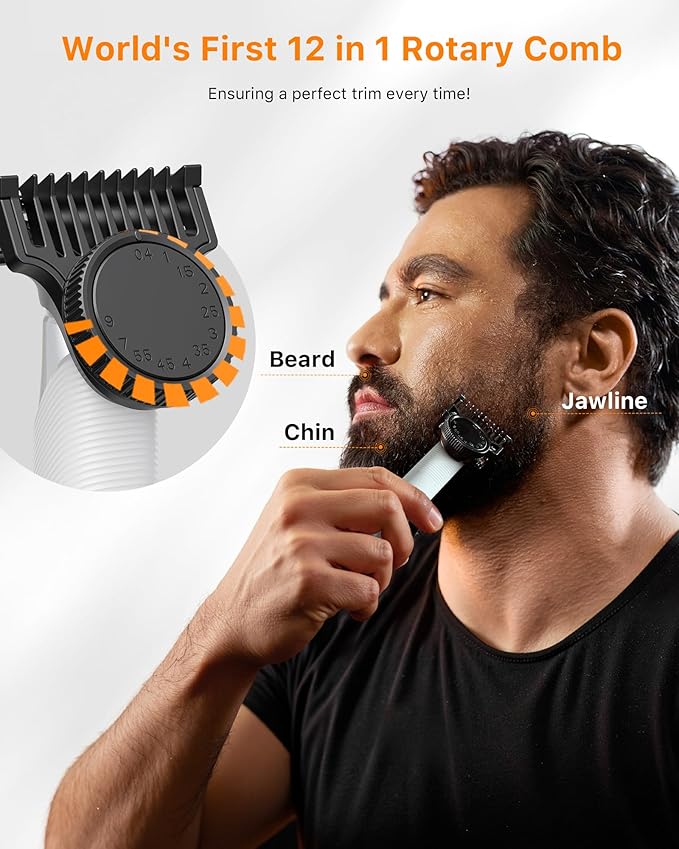 Trimcoo New Electric Beard & Nose Hair Trimmer Kit - Painless Razor with 12 in 1 Rotating Comb, Magnetic Nose Hair Head, Waterproof Wet/Dry, Groin/Ball Shaver for Men, USB-C Fast Charging,White(Pack)