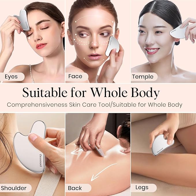 Oeusnael Stainless Steel Gua Sha Facial Tools, Lymphatic Drainage Massager for Face, Face Sculpting & Jawline Shaper, Puffiness Reducing, Neck Body Guasha Tool, Skin Care Gift for Women Men with Pouch