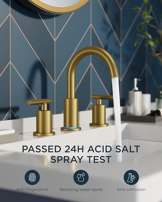 FORIOUS LED Bathroom Faucet Gold, 3 Hole Bathroom Faucet Brushed Gold Widespread with 3 Color Changing Light, Metal Pop Up Drain, CUPC Supply Hose and 360° Swivel Spout, 3 Pieces Wide LED Tap