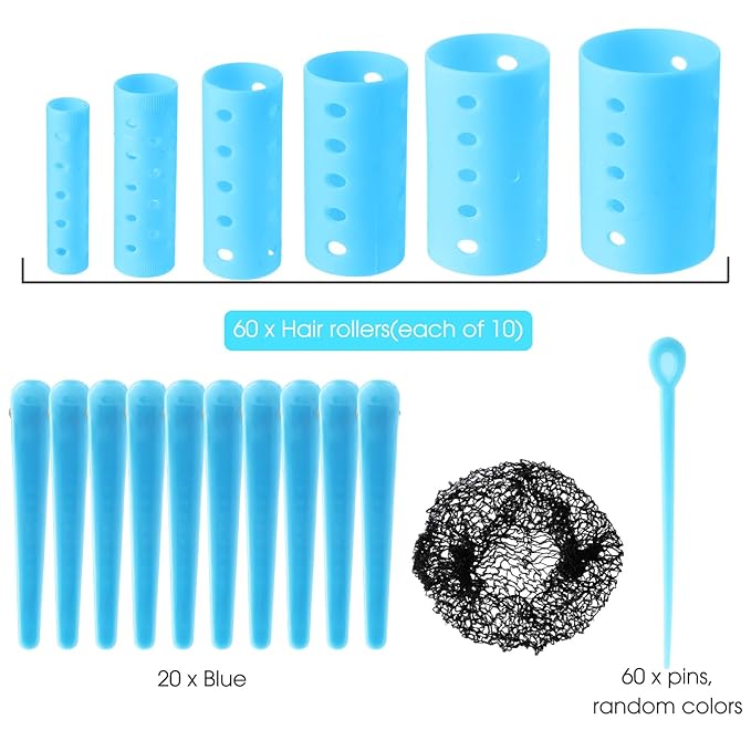 WILLBOND 141 Pieces Hair Rollers Set Include 60 Plastic Hair Rollers(Blue,6 Sizes)