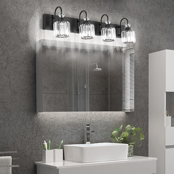 Ralbay Modern Black Vanity Light - 4-Light Crystal Bathroom Wall Light Fixtures in Matte Black