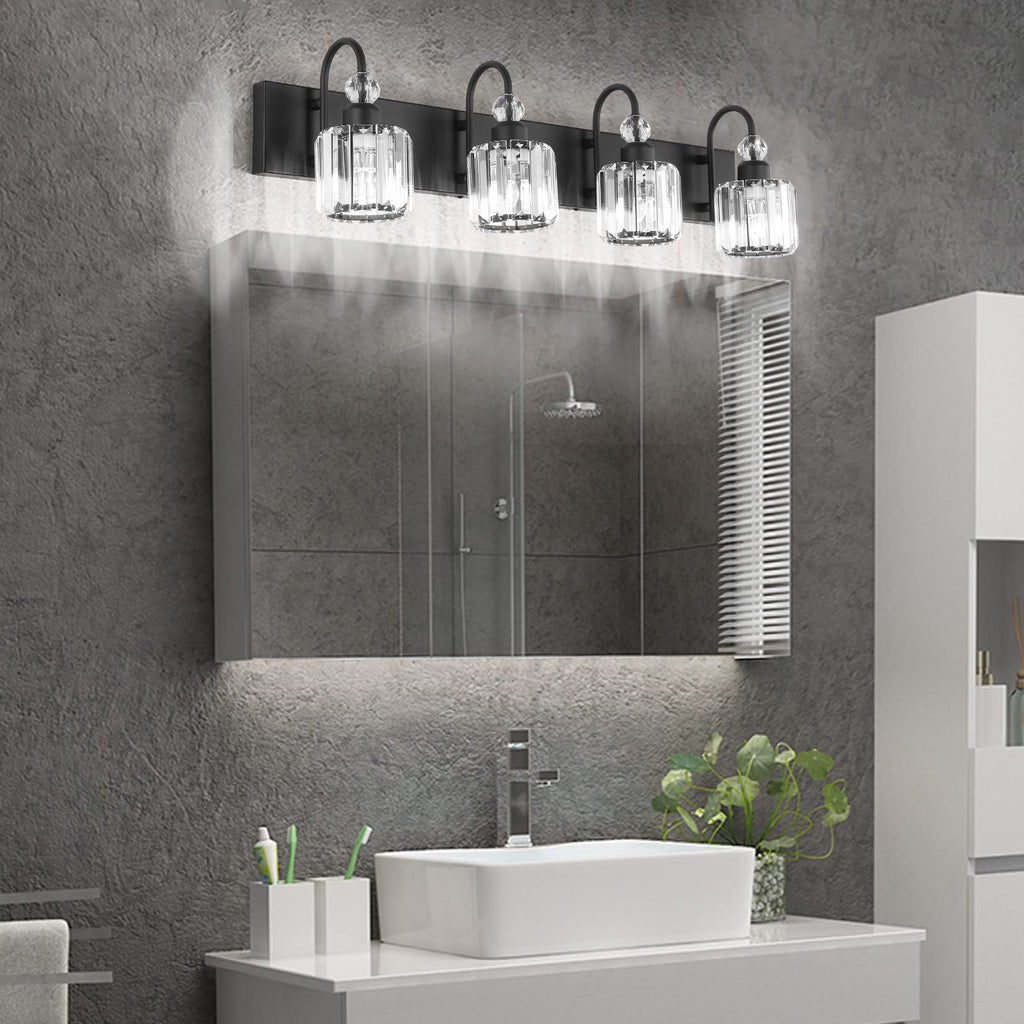 Ralbay Modern Black Vanity Light - 4-Light Crystal Bathroom Wall Light Fixtures in Matte Black