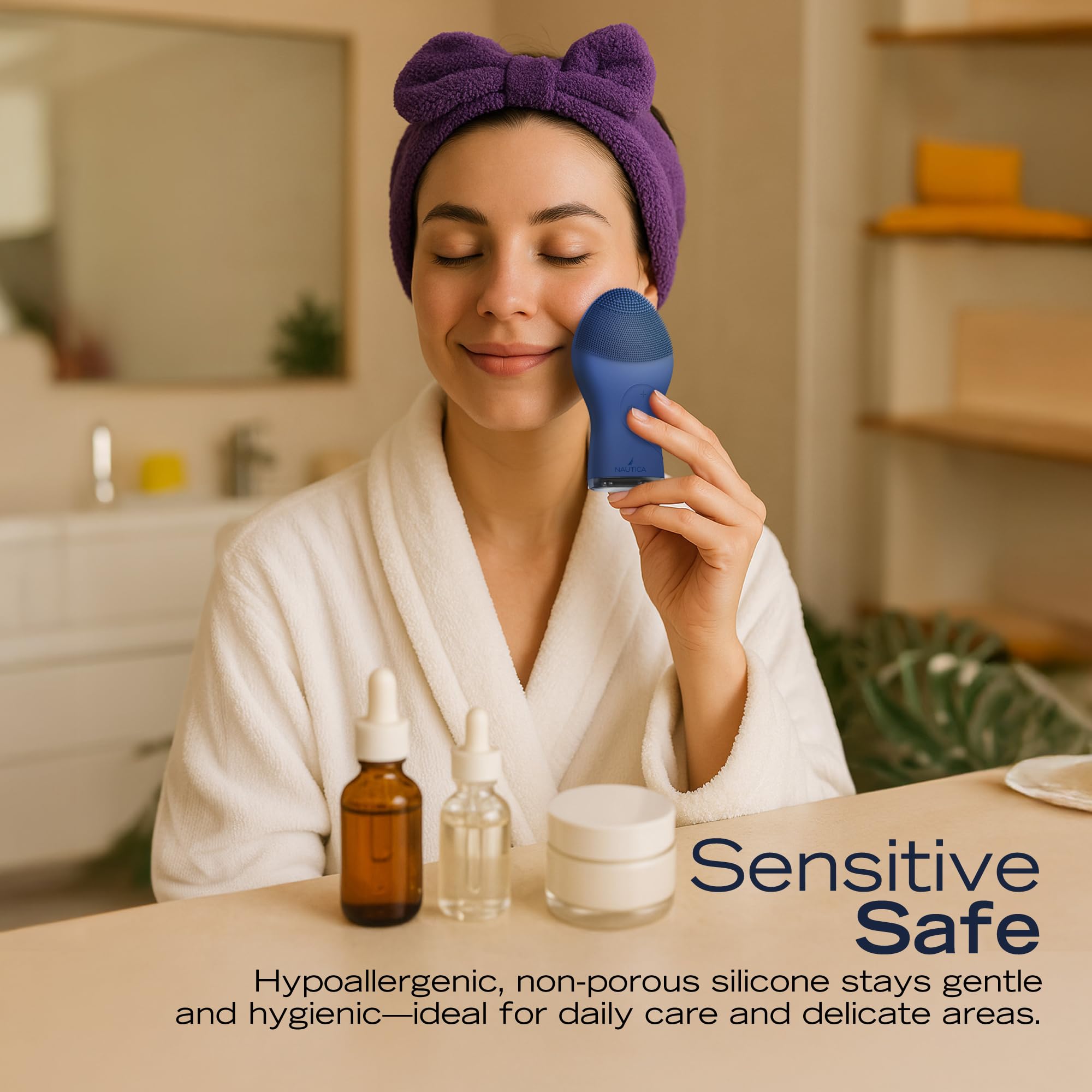 Nautica PC120 Facial Cleansing Brush Made with Ultra-Hygienic Soft Silicone, Waterproof, Rechargeable Vibrating Face Exfoliator Scrub Brush with Sonic Technology for Men & Women - Navy