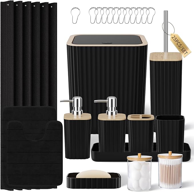 XLHOMO Bathroom Accessory Set - 25PC Green Bathroom Sets, Bathroom Set with Shower Curtain and Rugs, Dark Green Shower Curtain Set, Trash Can, Qtip Holder & Soap Dispenser