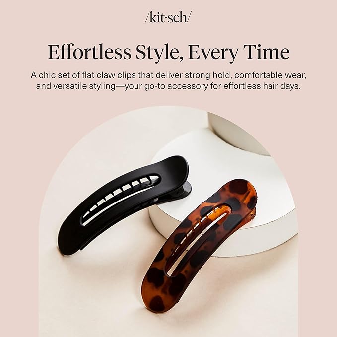 Kitsch Flat Hair Clips for Women - Strong Hold, No Slip Grip Flat Claw Clips For Secure and Comfortable Look | Durable Recycled Plastic Hair Accessories - Black & Tortoise, 2pc