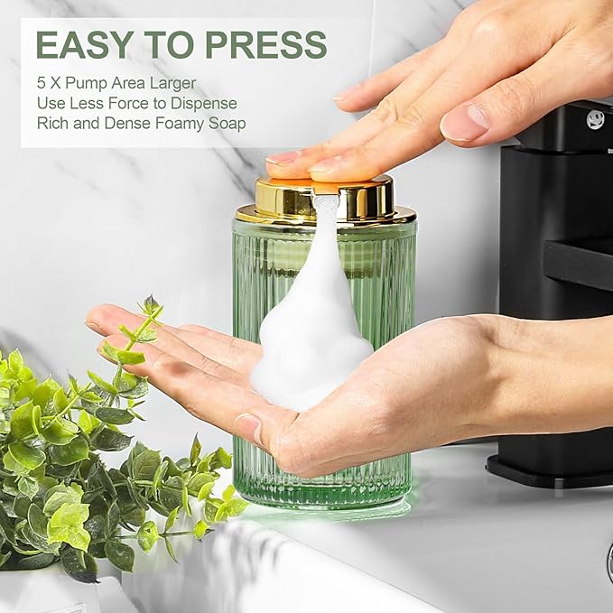 Green Glass Foaming Soap Dispenser, Ribbed Foam Hand Soap Dispenser for Bathroom, 11 Fl Oz Refillable Foaming Pump Bottle with Black Pump, Modern Dish Soap Foam Dispenser