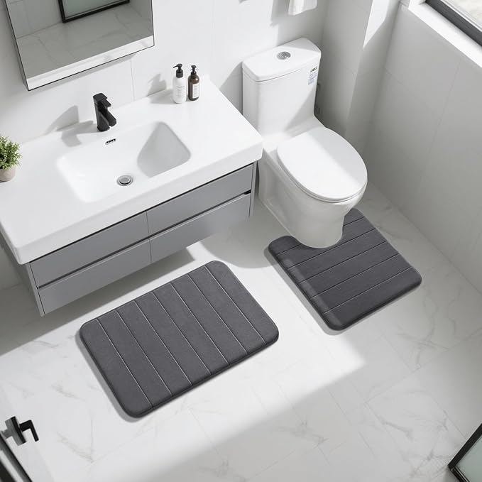 Yimobra Memory Foam Bath Mat Set 2 Piece - Super Soft Absorbent Quick Dry Bathroom Toilet Rugs, Machine Washable Non Slip Floor Carpet for Tub Shower & Single Sink (31.5x20 & 24x20, Dark Gray)